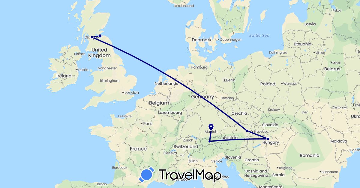 TravelMap itinerary: driving in Austria, Germany, United Kingdom, Hungary (Europe)